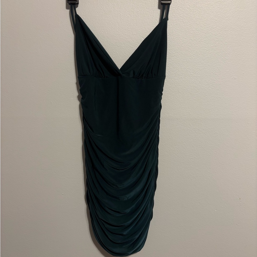 Windsor Green Ruched Mini Dress Spaghetti Strap V-Neck